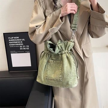 Xajzpa Denim Canvas Shoulder Bag Large Capacity Fashionable Drawstring Design Crossbody Tote Bag Student Textbook Shoulder Handbag